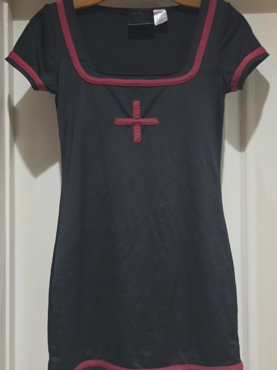 None Dresses & Skirts - Black Mini Dress with Burgundy Trim and Cross Detail